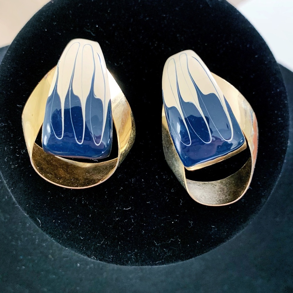 1980s Vintage Brass Metal Navy Blue Paint Earrings